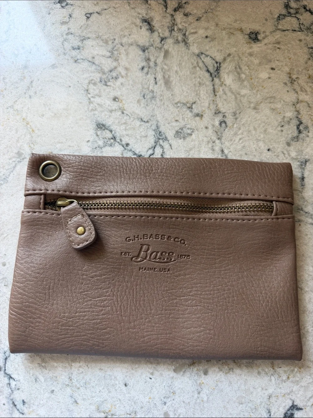 G.H. Bass & Co. Taupe Leather Zip Pouch with Brass Accent